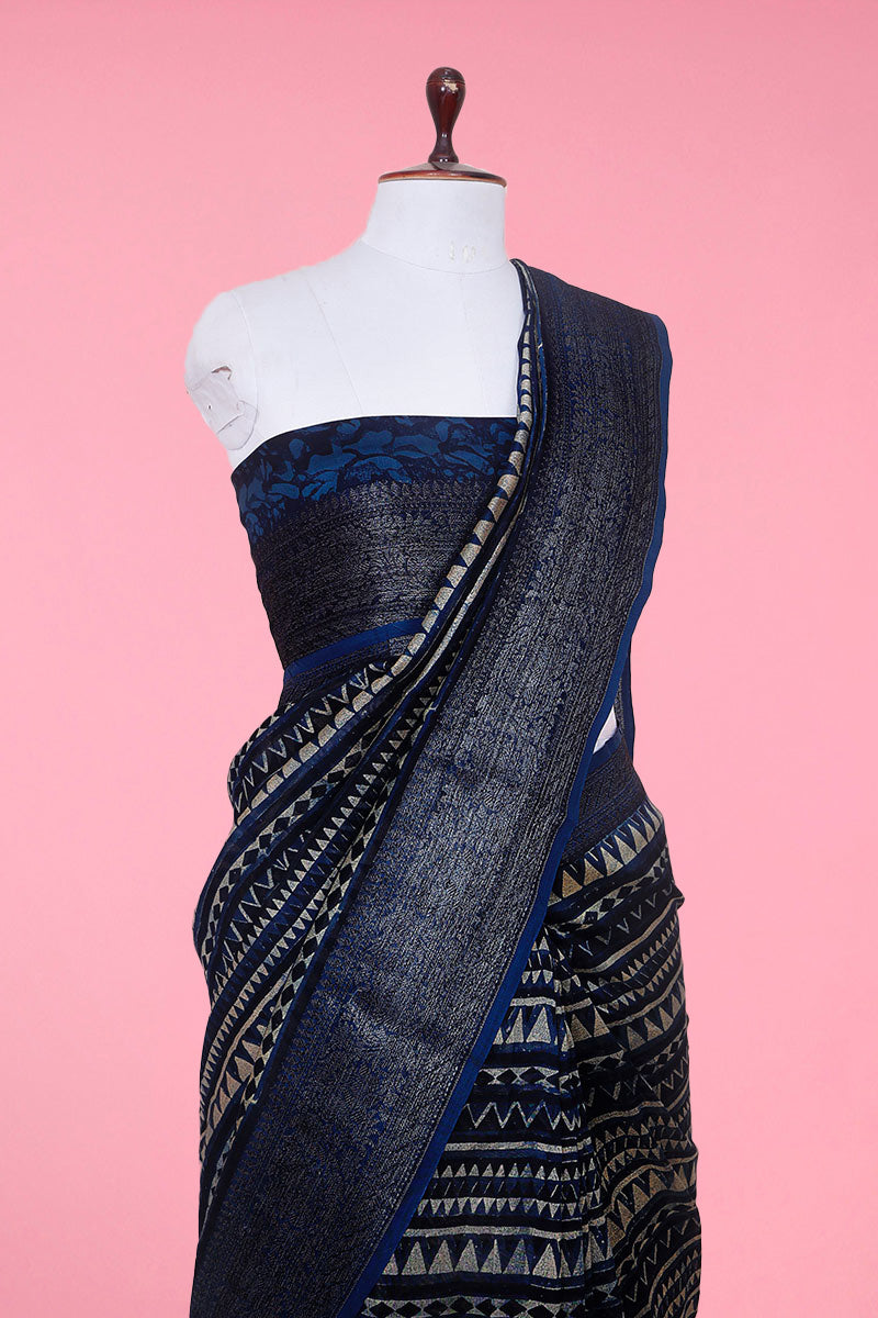 Navy Blue Geometrical Printed Chanderi Silk Saree - Chinaya Banaras