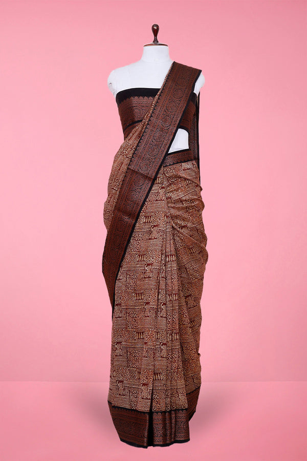 Rich Brown Traditional Printed Chanderi Silk Saree
