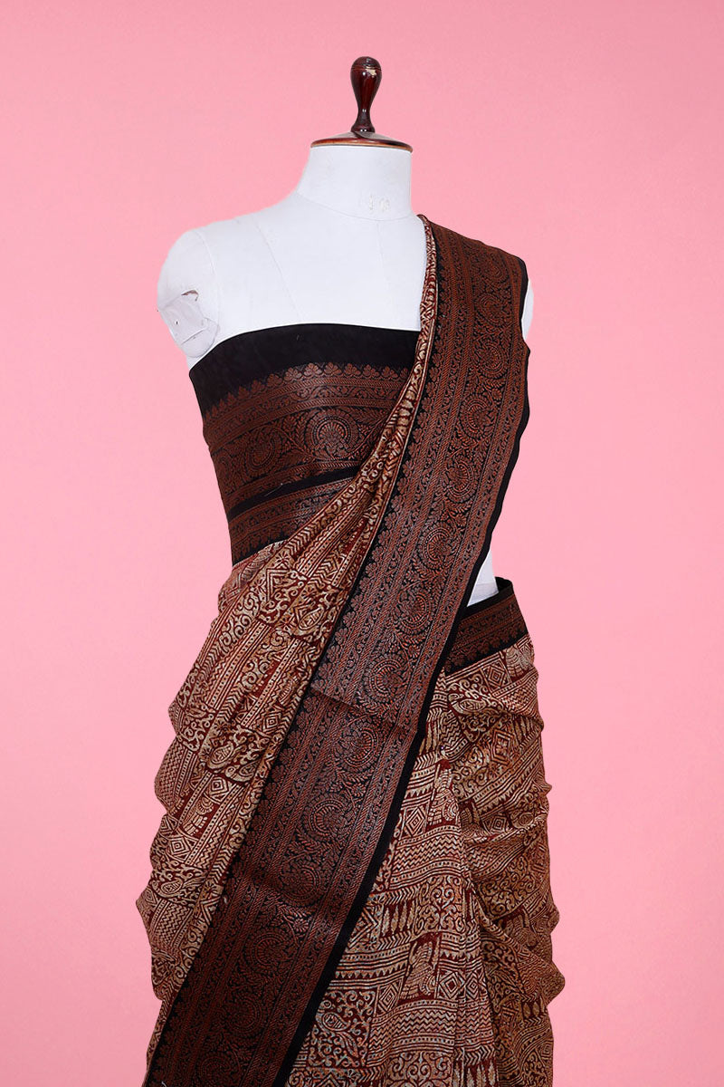 Rich Brown Traditional Printed Chanderi Silk Saree - Chinaya Banaras