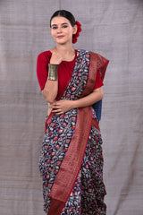 Blue Floral Printed Chanderi Silk Saree