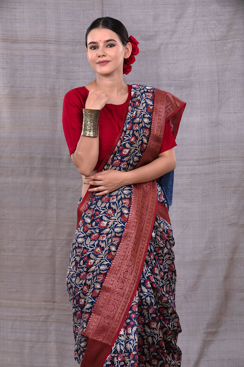 Blue Floral Printed Chanderi Silk Saree