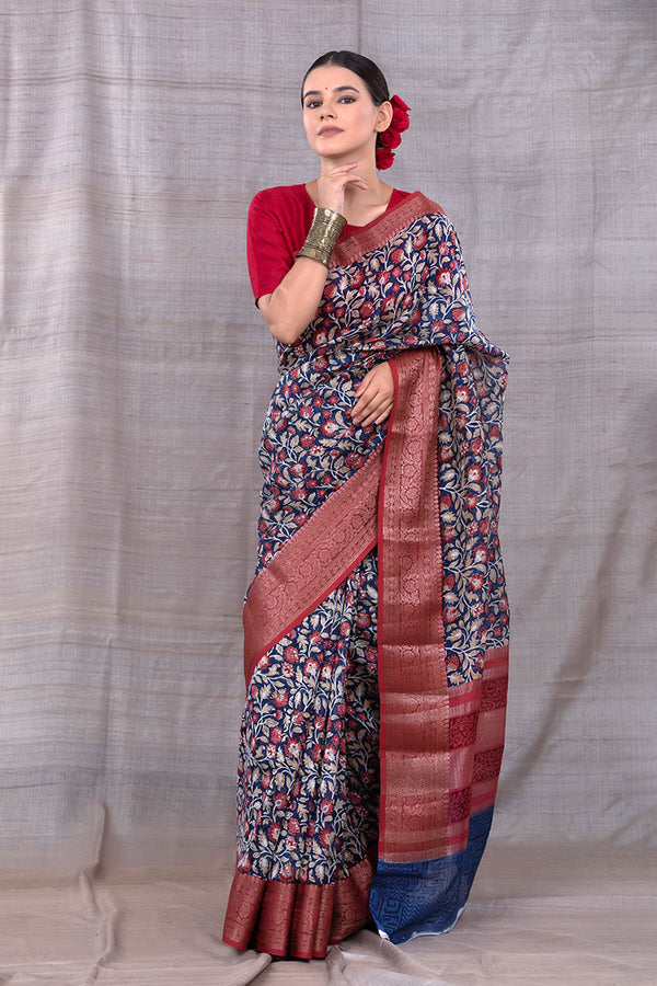 Womene In Blue Floral Printed Chanderi Silk Saree At Chinaya Banaras