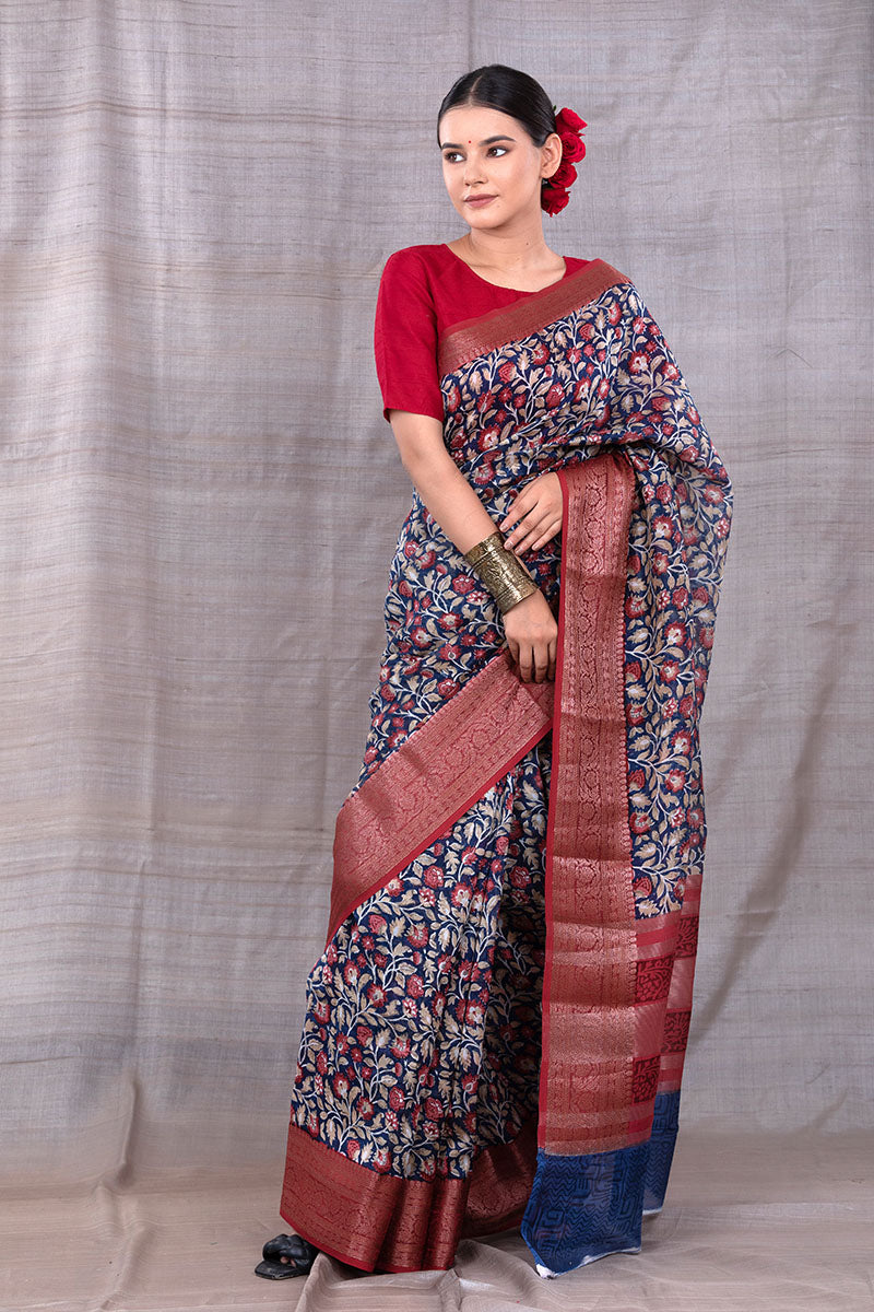 Blue Floral Printed Chanderi Silk Saree