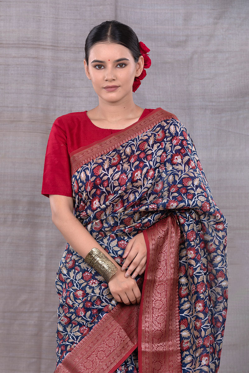 Blue Floral Printed Chanderi Silk Saree