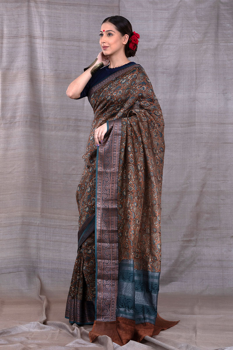 Deep Mustard Floral Printed Chanderi Silk Saree - Chinaya Banaras