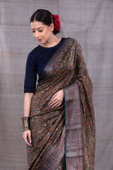 Deep Mustard Floral Printed Chanderi Silk  Saree