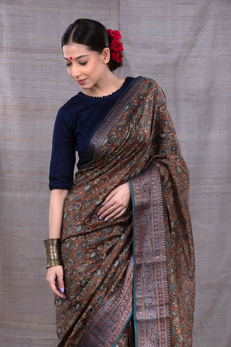 Deep Mustard Floral Printed Chanderi Silk  Saree