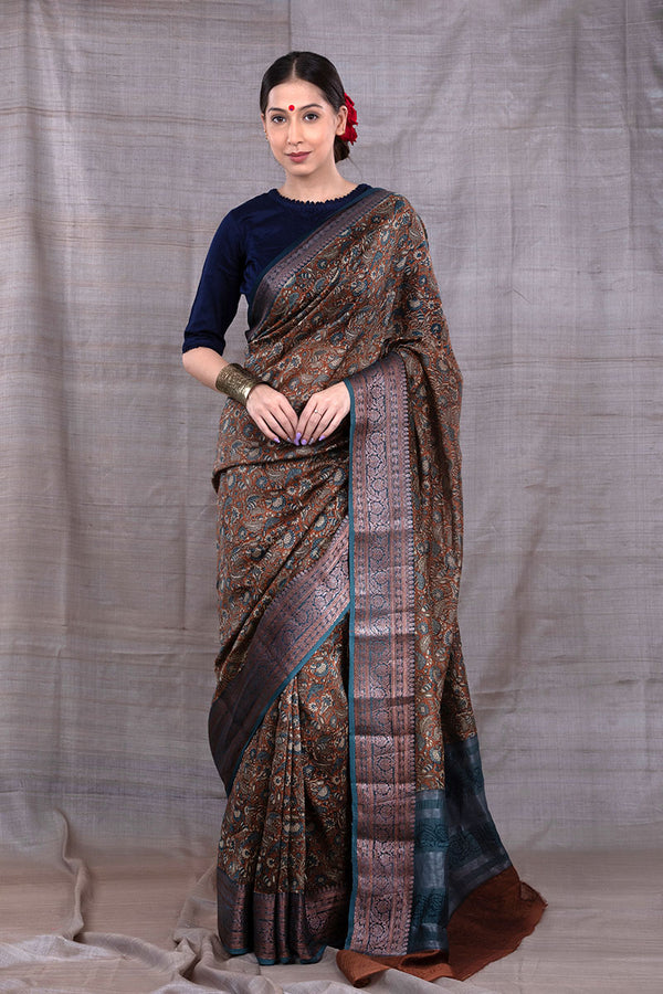 Deep Women In Mustard Floral Printed Chanderi Silk Saree At Chinaya Banaras