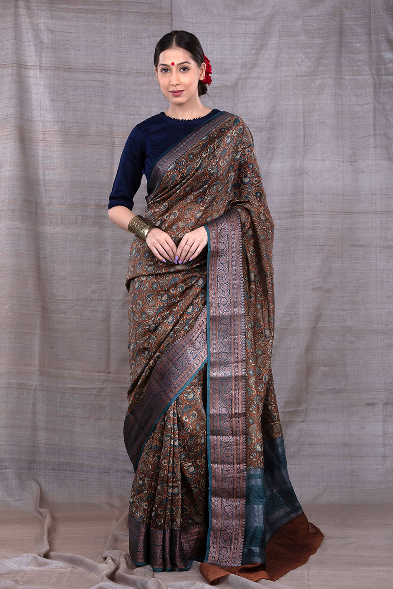 Deep Women In Mustard Floral Printed Chanderi Silk Saree At Chinaya Banaras