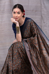Deep Mustard Floral Printed Chanderi Silk  Saree
