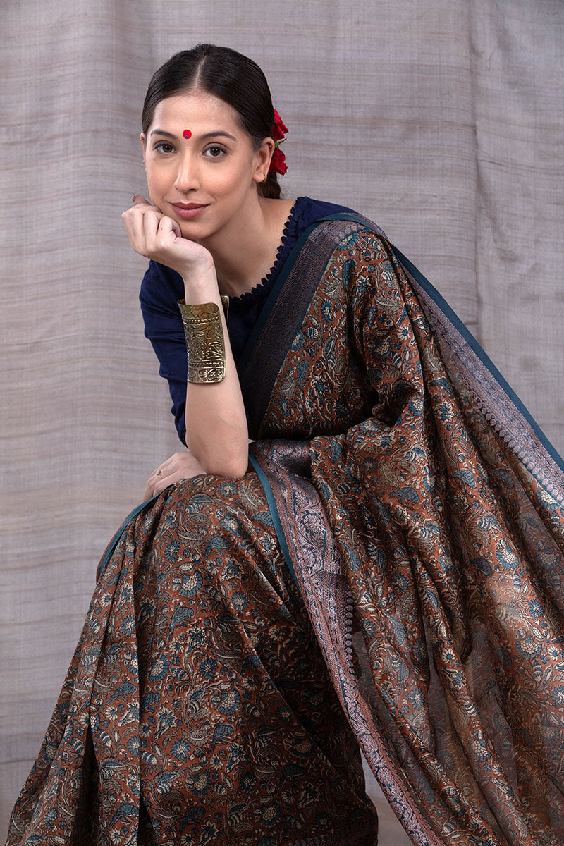 Deep Mustard Floral Printed Chanderi Silk  Saree