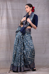 Midnight Blossom Navy Blue Chanderi Silk Saree - Chinaya Banaras