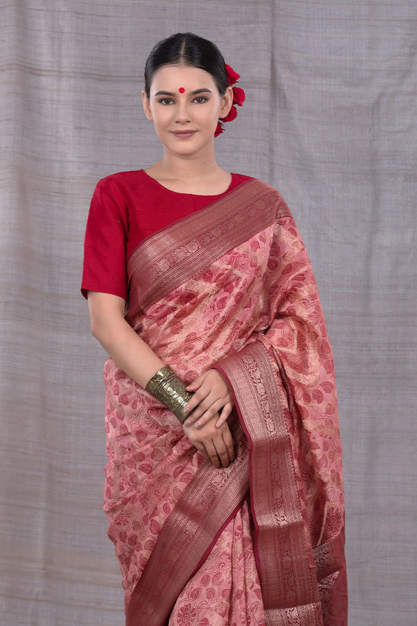 Peachy Red Woven Chanderi Silk Saree - Chinaya Banaras
