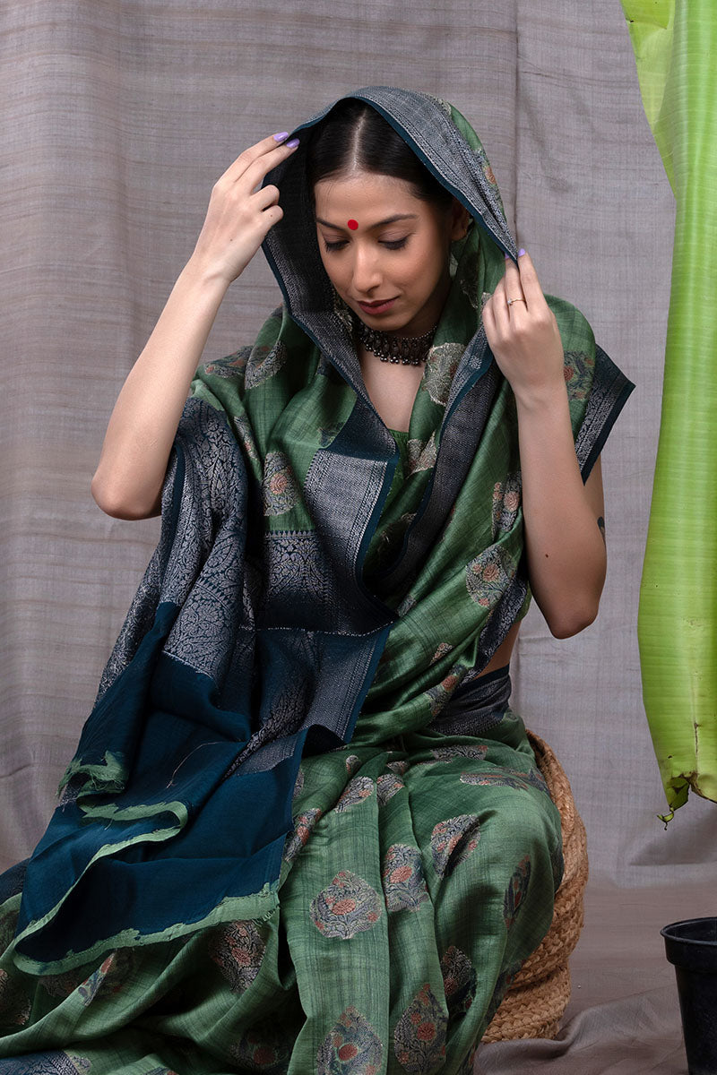 Emerald Green Woven Chanderi Silk Saree
