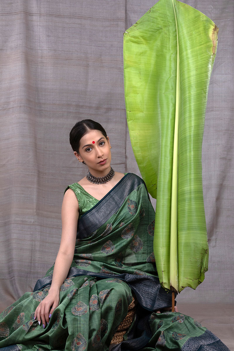 Emerald Green Woven Chanderi Silk Saree - Chinaya Banaras