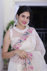 Alkananda Bodapaty In Pearl White Embellished Organza Silk Saree - Chinaya Banaras