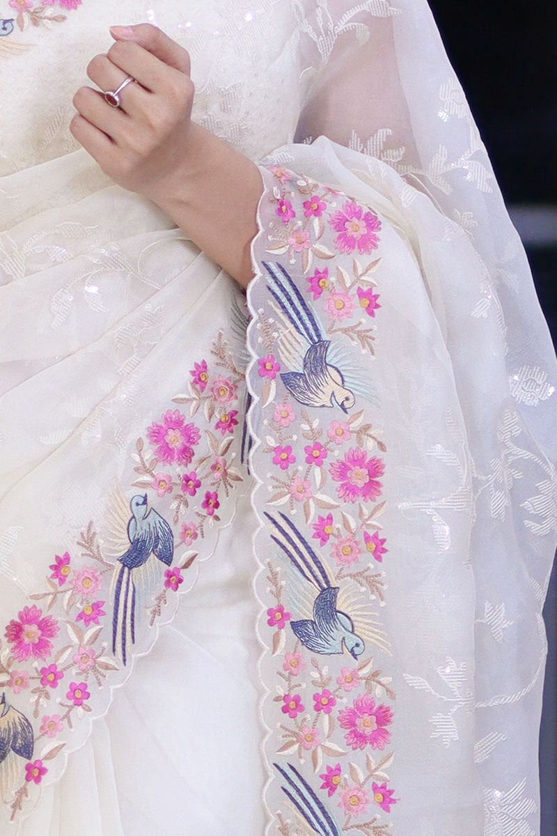 Alkananda Bodapaty In Pearl White Embellished Organza Silk Saree - Chinaya Banaras