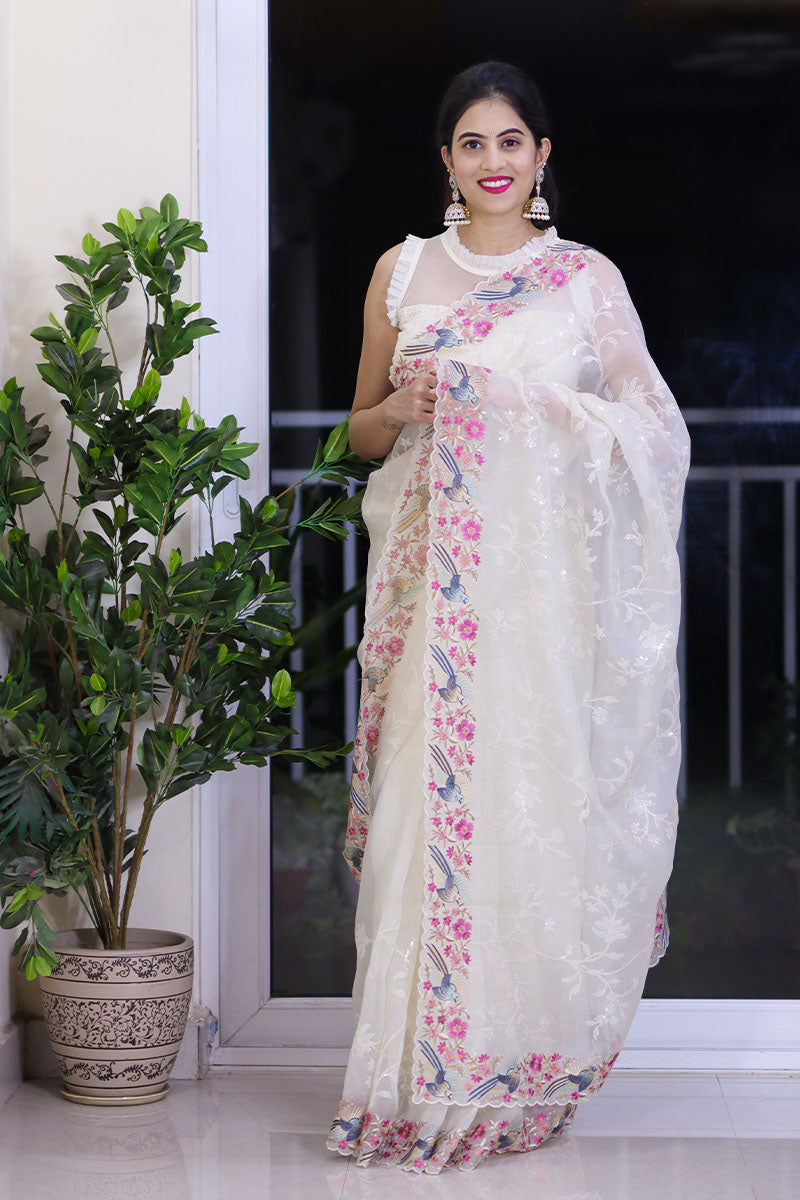 Alkananda Bodapaty In Pearl White Embellished Organza Silk Saree - Chinaya Banaras