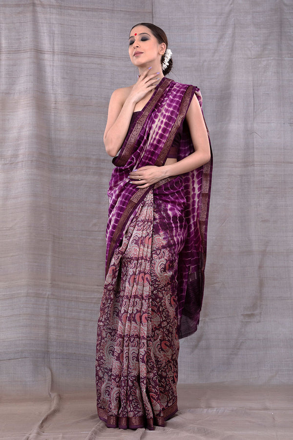 Radiant Violet Tie & Dye Chanderi Silk Saree - Chinaya Banaras