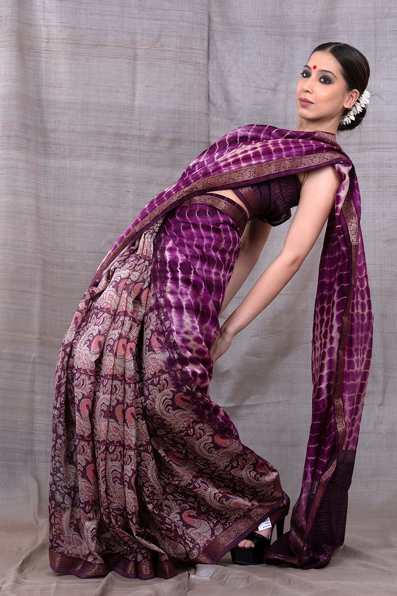 Radiant Violet Tie & Dye Chanderi Silk Saree - Chinaya Banaras