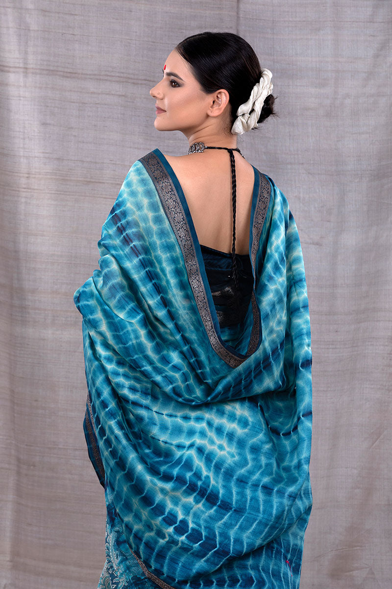 Serene Blue Tie & Dye Chanderi Silk Saree - Chinaya Banaras