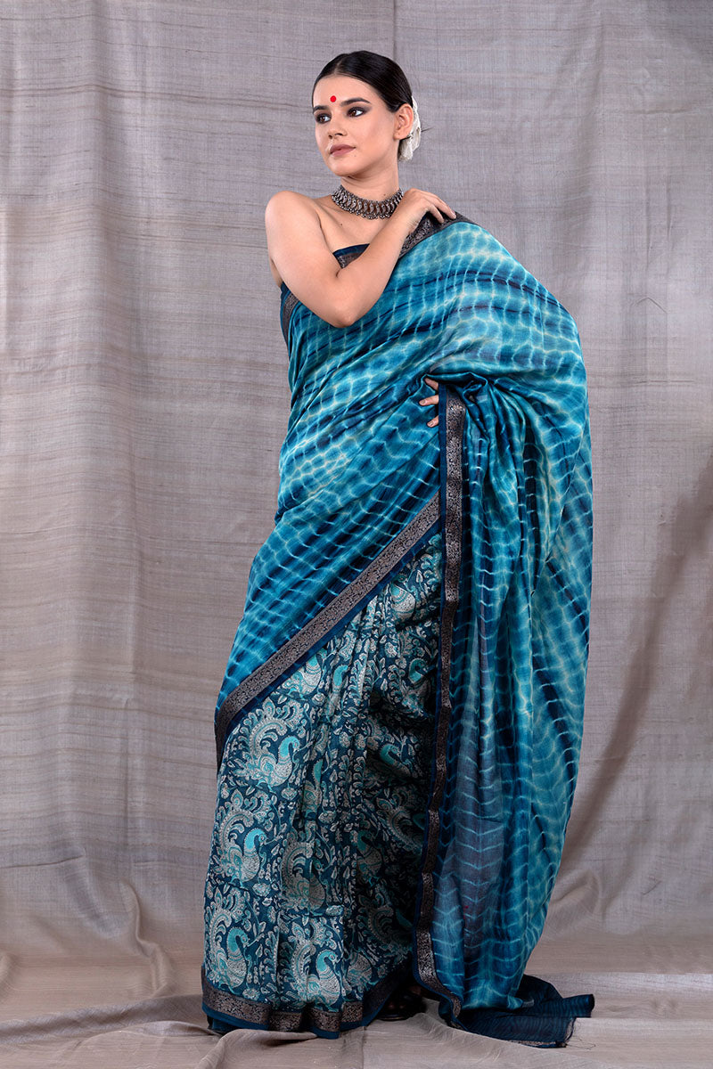 Serene Blue Tie & Dye Chanderi Silk Saree - Chinaya Banaras