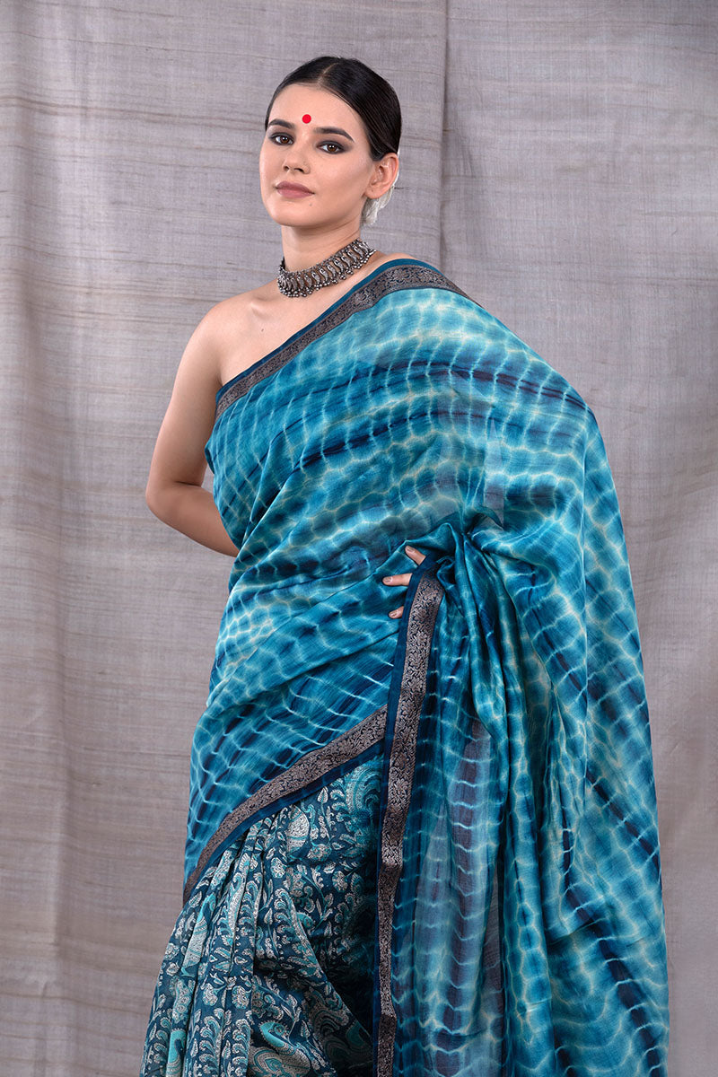 Serene Blue Tie & Dye Chanderi Silk Saree - Chinaya Banaras