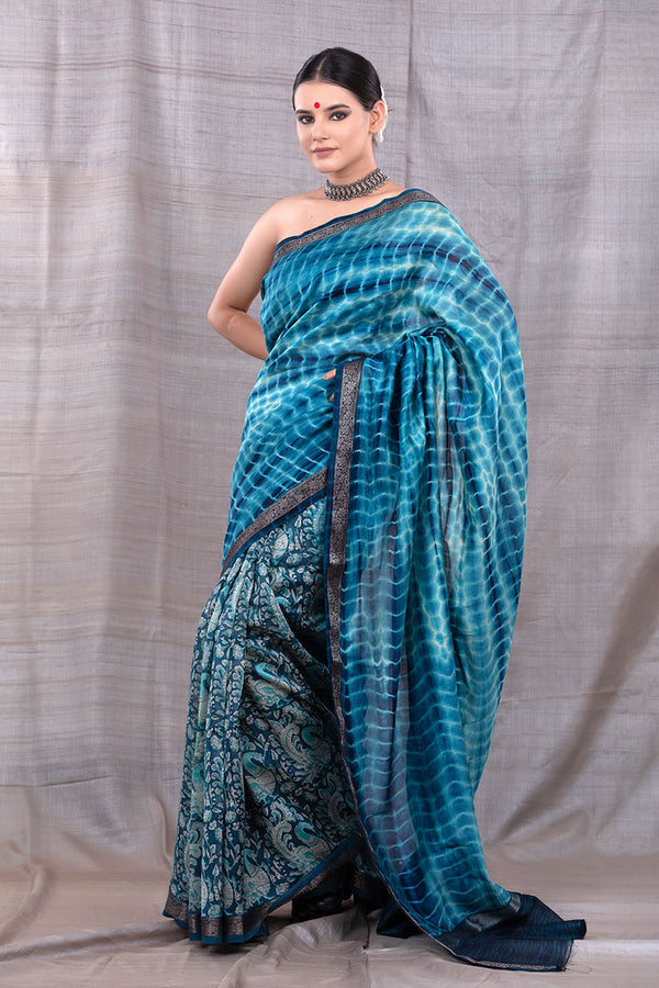 Women in Serene Blue Tie & Dye Chanderi Silk Saree  At Chinaya Banaras