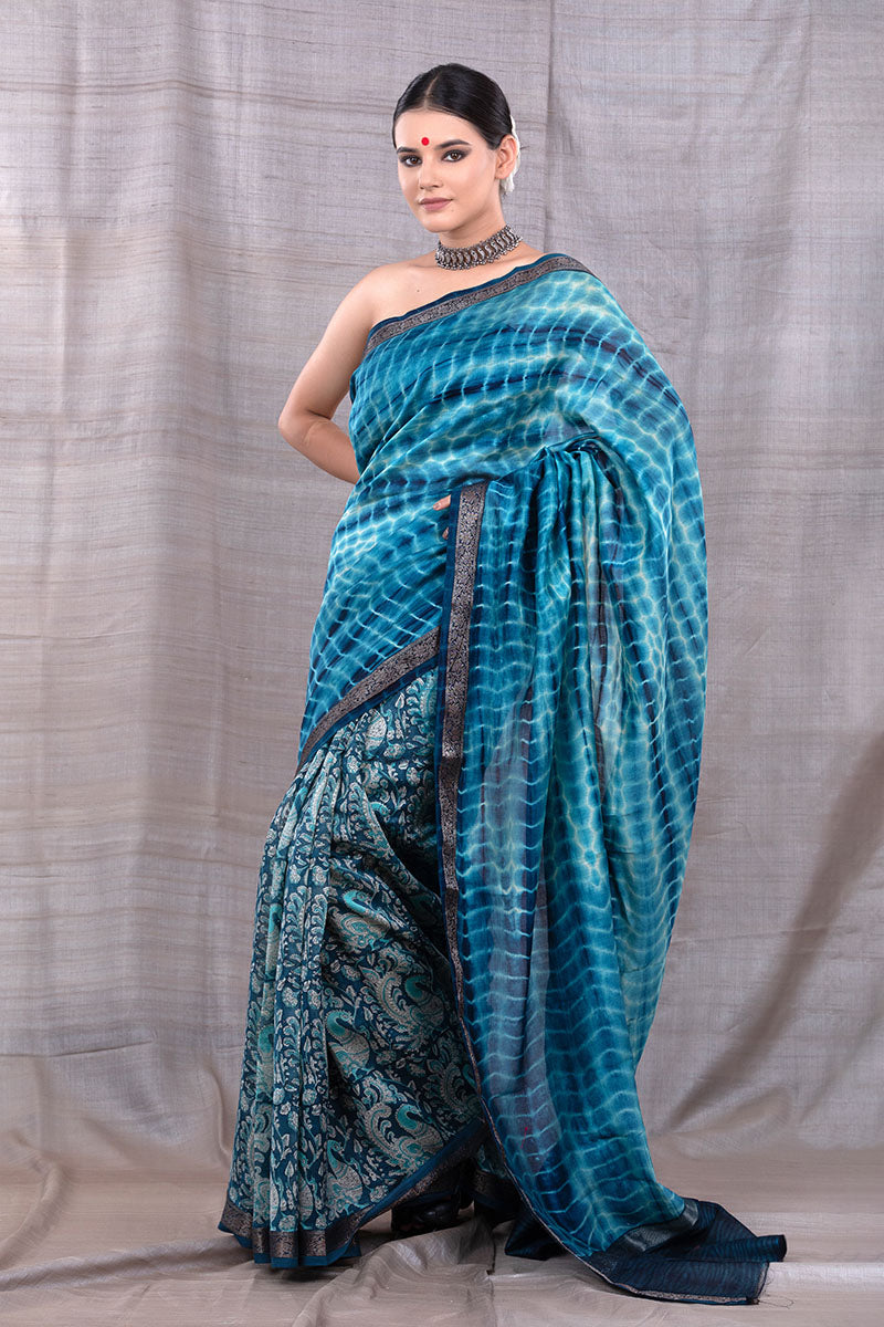 Women in Serene Blue Tie & Dye Chanderi Silk Saree  At Chinaya Banaras