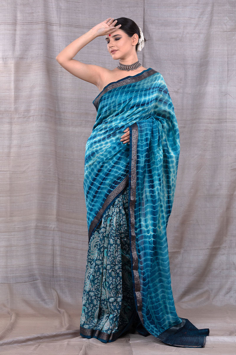 Serene Blue Tie & Dye Chanderi Silk Saree - Chinaya Banaras