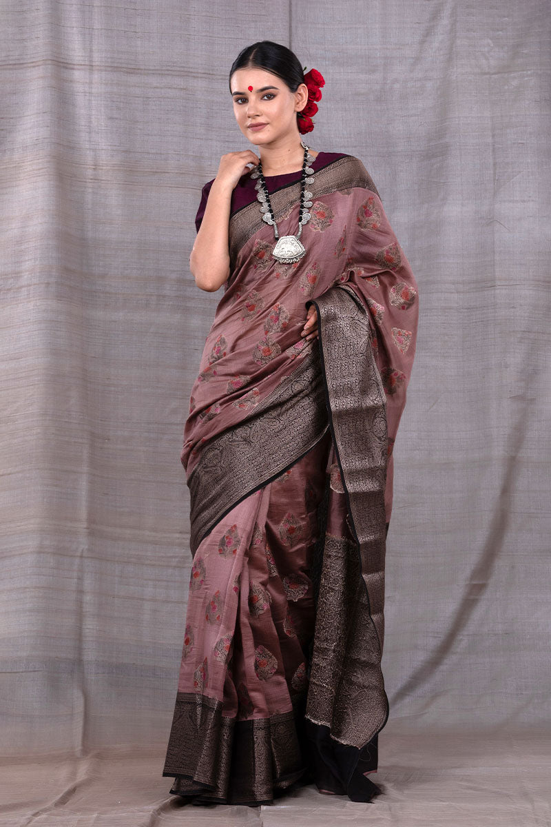 Women in Tuscan Brown Woven Chanderi Silk Saree At Chinaya Banaras