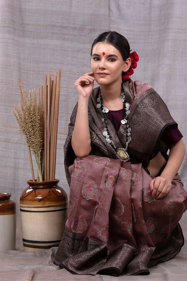 Tuscan Brown Woven Chanderi Silk Saree - Chinaya Banaras
