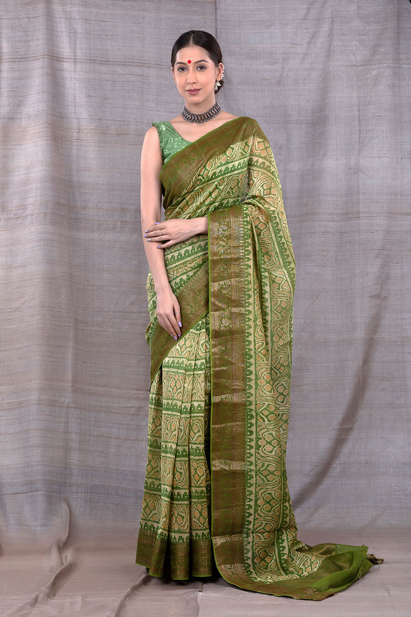 Women in Finch Green Woven Chanderi Silk Saree At Chinaya 