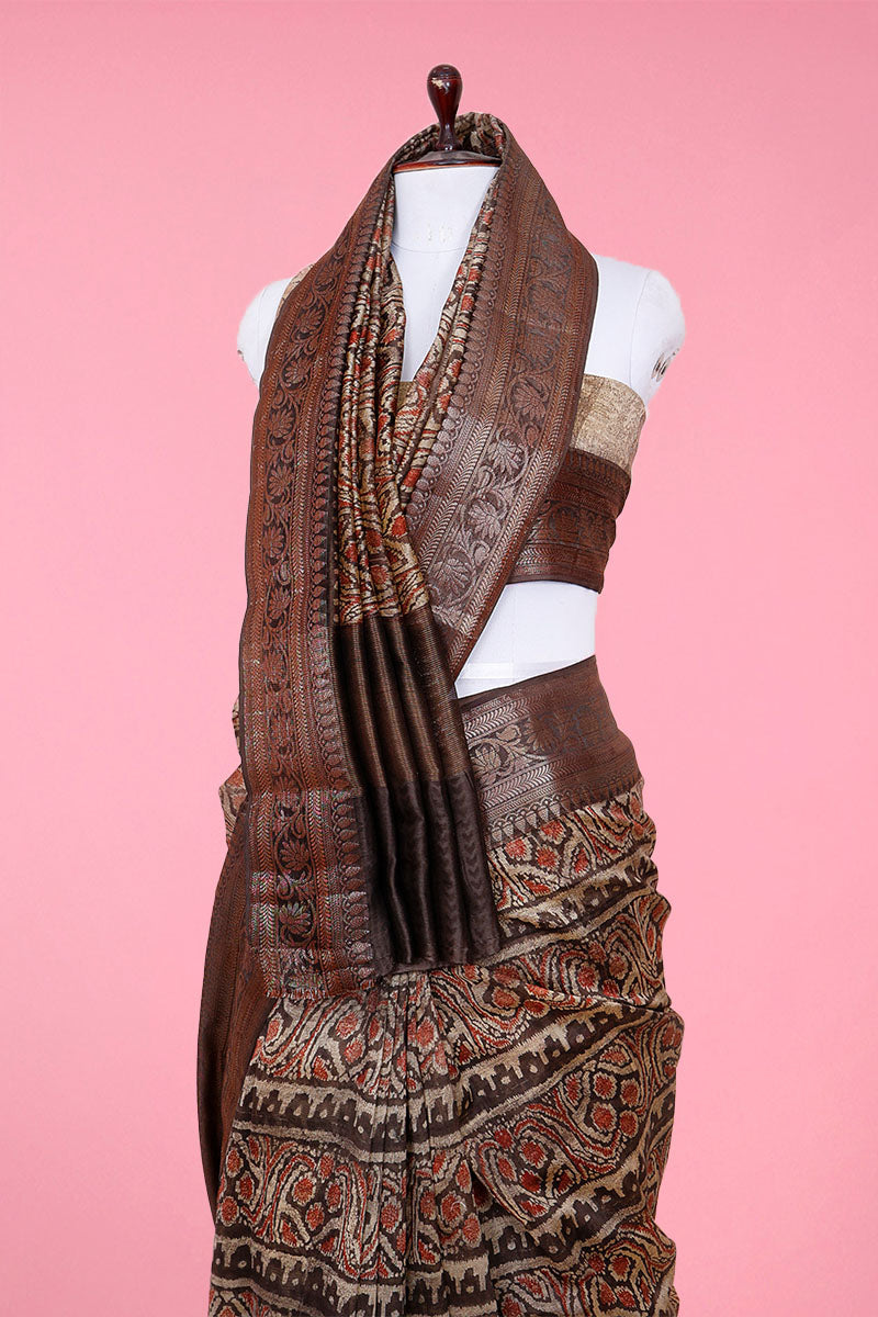 Coffee Brown Ethnic Printed Chanderi Silk Saree - Chinaya Banaras