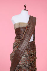 Coffee Brown Ethnic Printed Chanderi Silk Saree - Chinaya Banaras