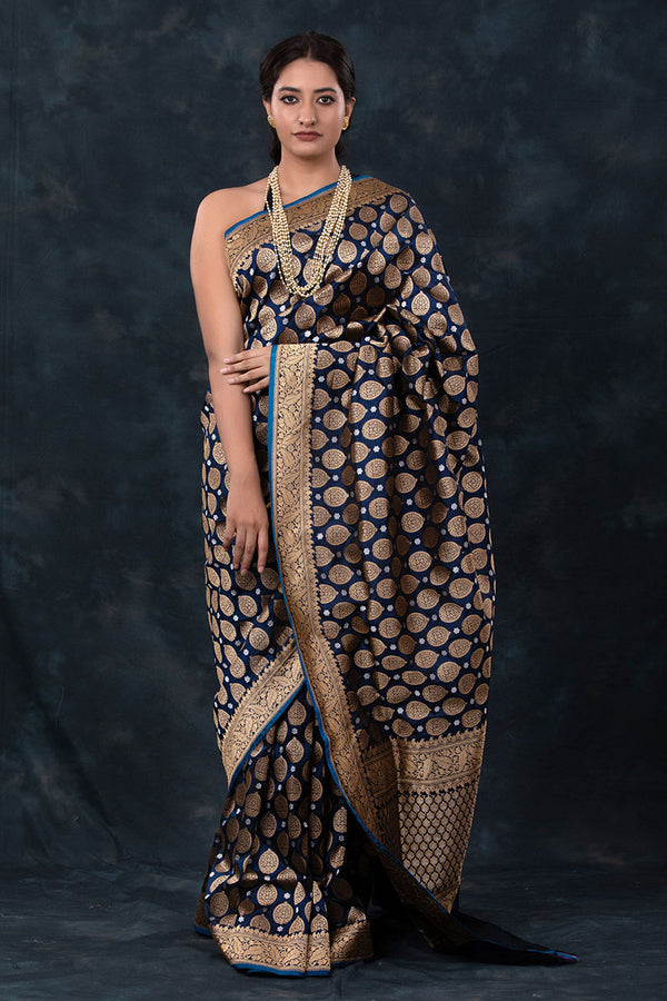 Women In Navy Blue Handwoven Banarasi Silk Saree At Chinaya Banaras