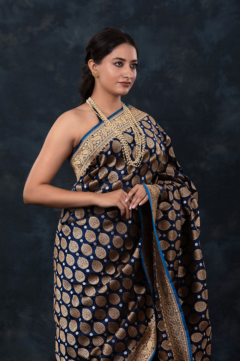 Navy Blue Handwoven Banarasi Silk Saree