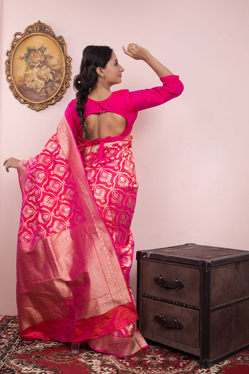 Regal Pink Ethnic Handwoven Banarasi Silk Saree
