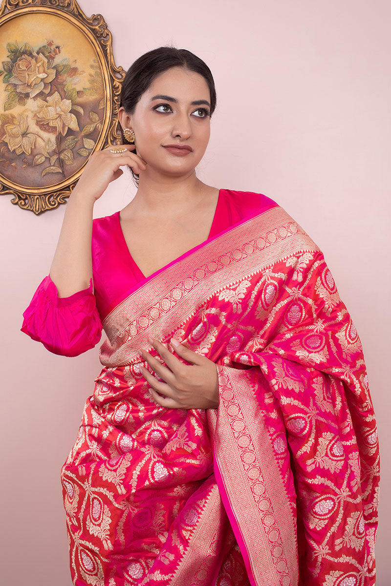 Regal Pink Ethnic Handwoven Banarasi Silk Saree