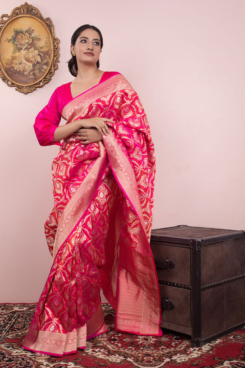 Regal Pink Ethnic Handwoven Banarasi Silk Saree