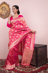 Women In Regal Pink Ethnic Handwoven Banarasi Silk Saree At Chinaya Banaras 