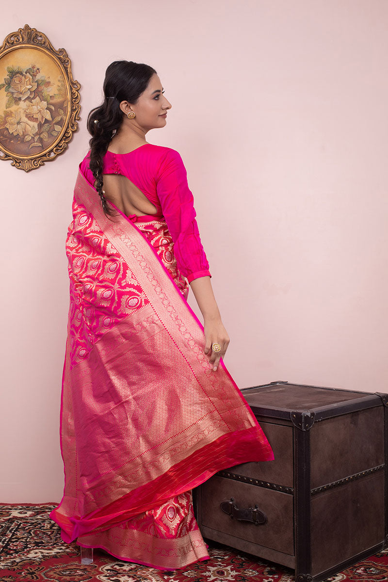Regal Pink Ethnic Handwoven Banarasi Silk Saree