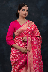 Deep Pink Floral Jaal Handwoven Banarasi Silk Saree