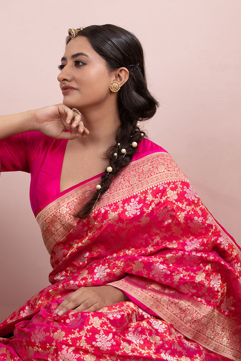 Deep Pink Floral Jaal Handwoven Banarasi Silk Saree