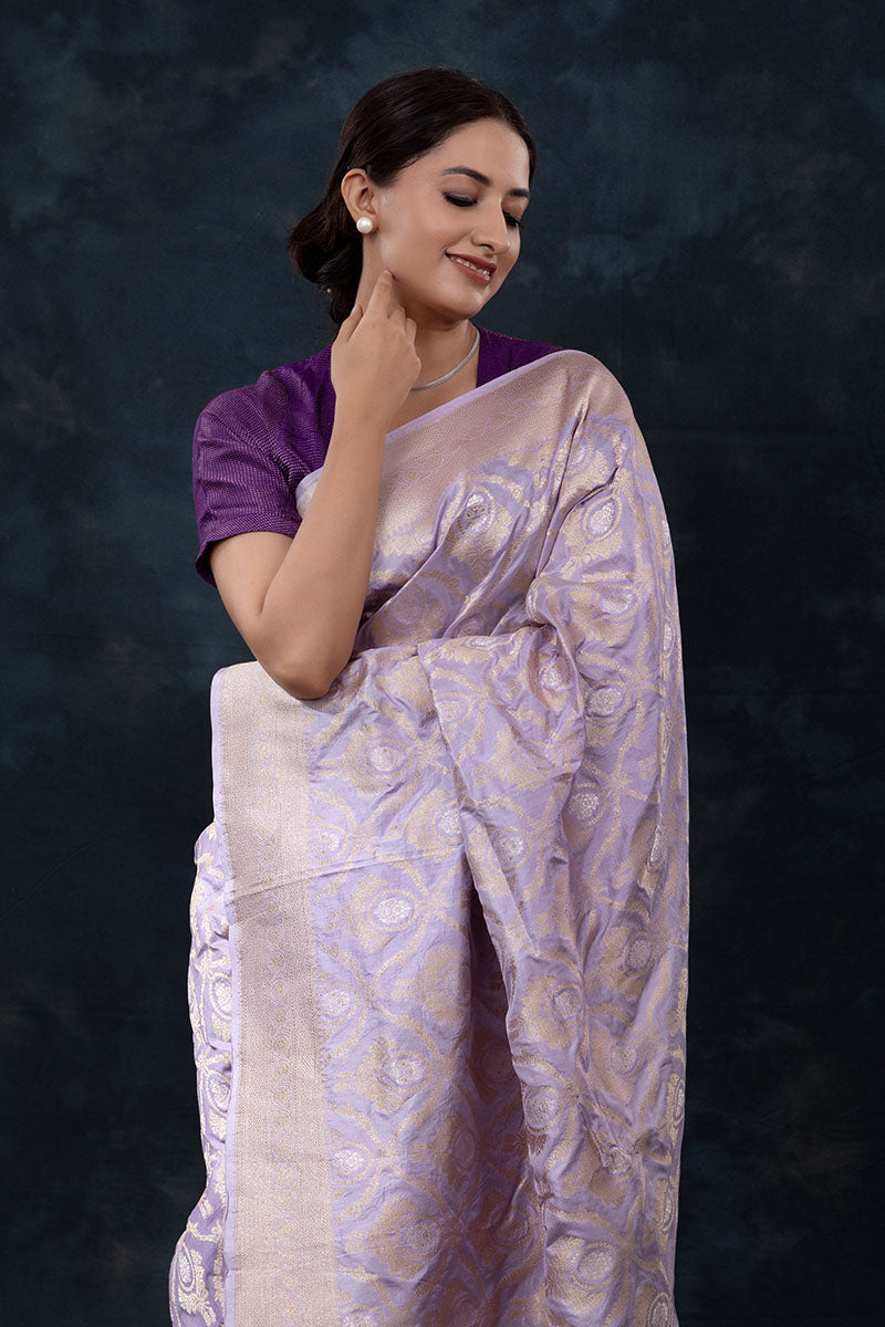 Lilac Ethnic Handwoven Banarasi Silk Saree - Chinaya Banaras