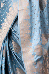 Powder Blue Handwoven Banarasi Satin Silk Saree - Chinaya Banaras