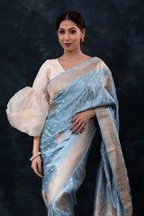 Powder Blue Handwoven Satin Silk Saree