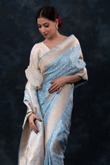 Powder Blue Handwoven Banarasi Satin Silk Saree - Chinaya Banaras