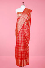 Red Checked  Banarasi Cotton Saree By Chinaya Banaras