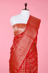 Red Checked Woven Banarasi Cotton Saree - Chinaya Banaras
